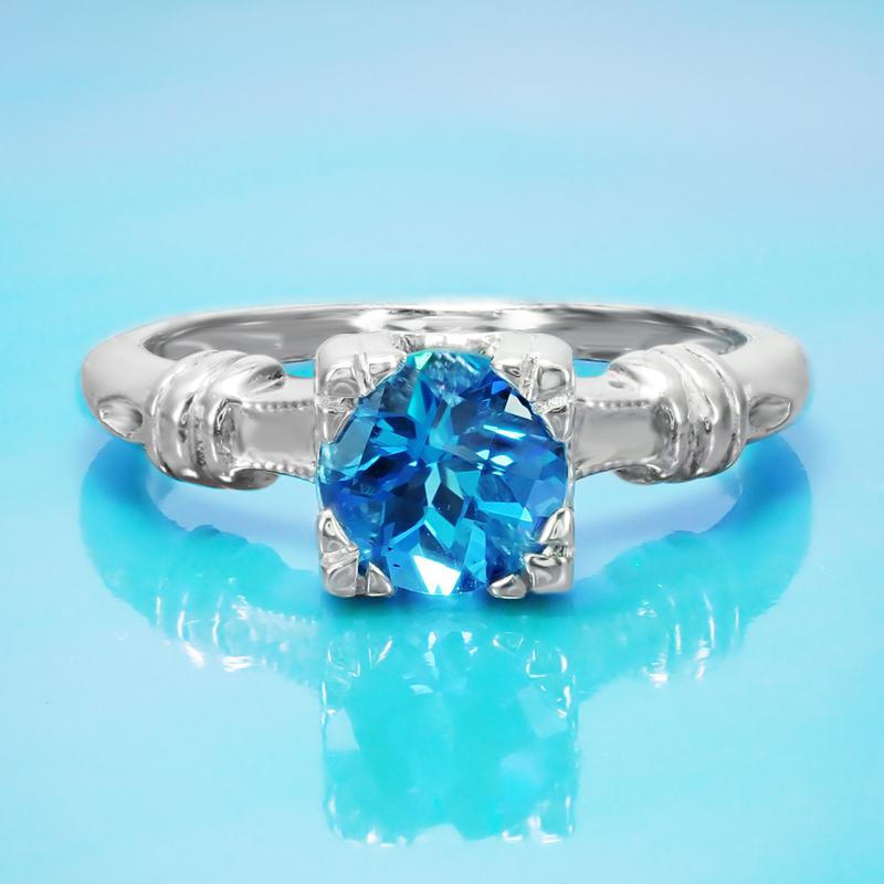 Art Deco Hearts and Clovers 1 Carat Swiss Blue Topaz Solitaire Promise Ring in Sterling Silver - Item: SSR163WBT - Image: 3