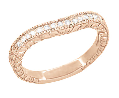 Wheat Engraved Curved Wraparound Diamond Wedding Band in 14 Karat Rose Gold