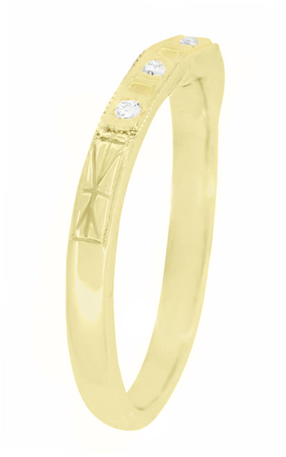 Vintage Style Art Deco Yellow Gold Carved Contoured Diamond Wedding Band - Item: WR155Y14 - Image: 2