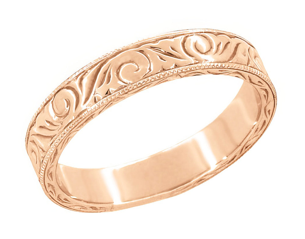 Men's Art Deco Scrolls Engraved Wedding Band in 14 Karat Rose Gold - Item: WR199MR - Image: 2