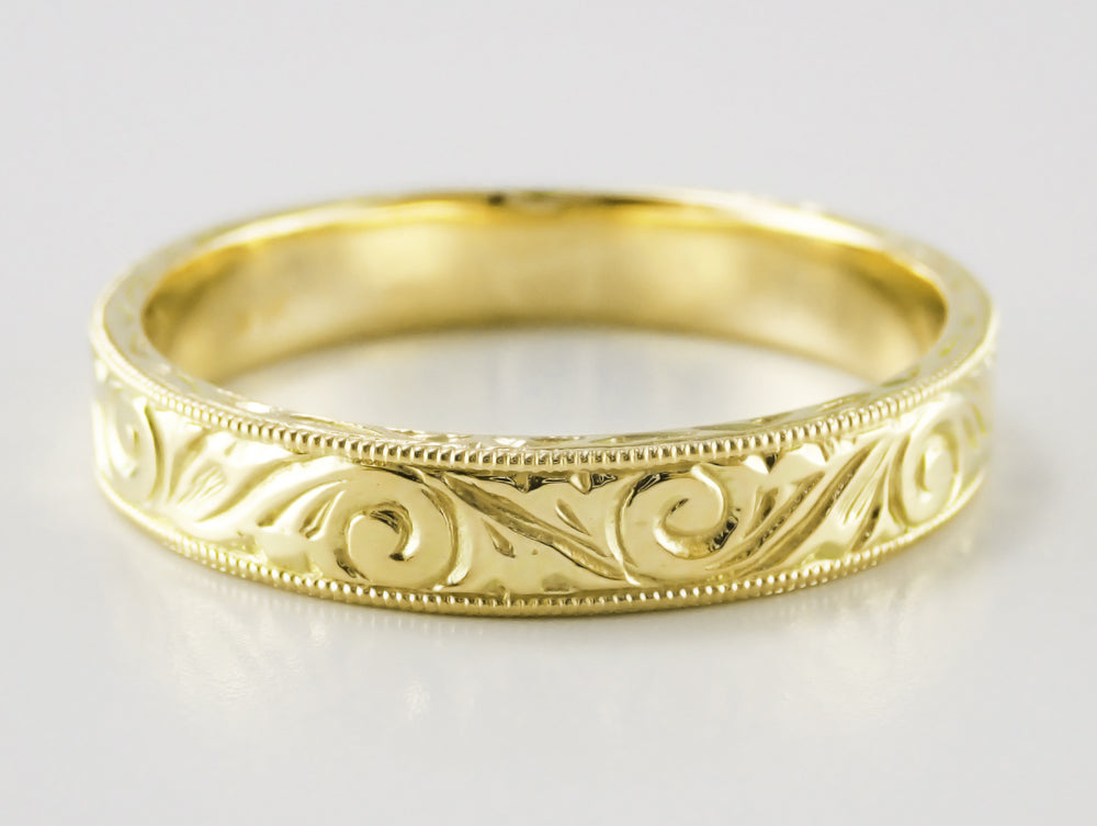 Men's Yellow Gold Art Deco Antique Scrolls Engraved Wedding Band - 14K or 18K - Item: WR199MY14 - Image: 6
