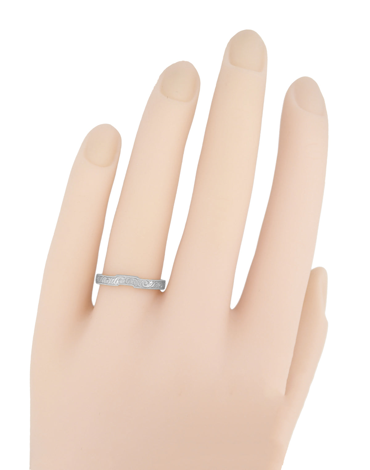 Platinum Art Deco Contoured Scrolls Engraved Wedding Band - Item: WR199PRP - Image: 3
