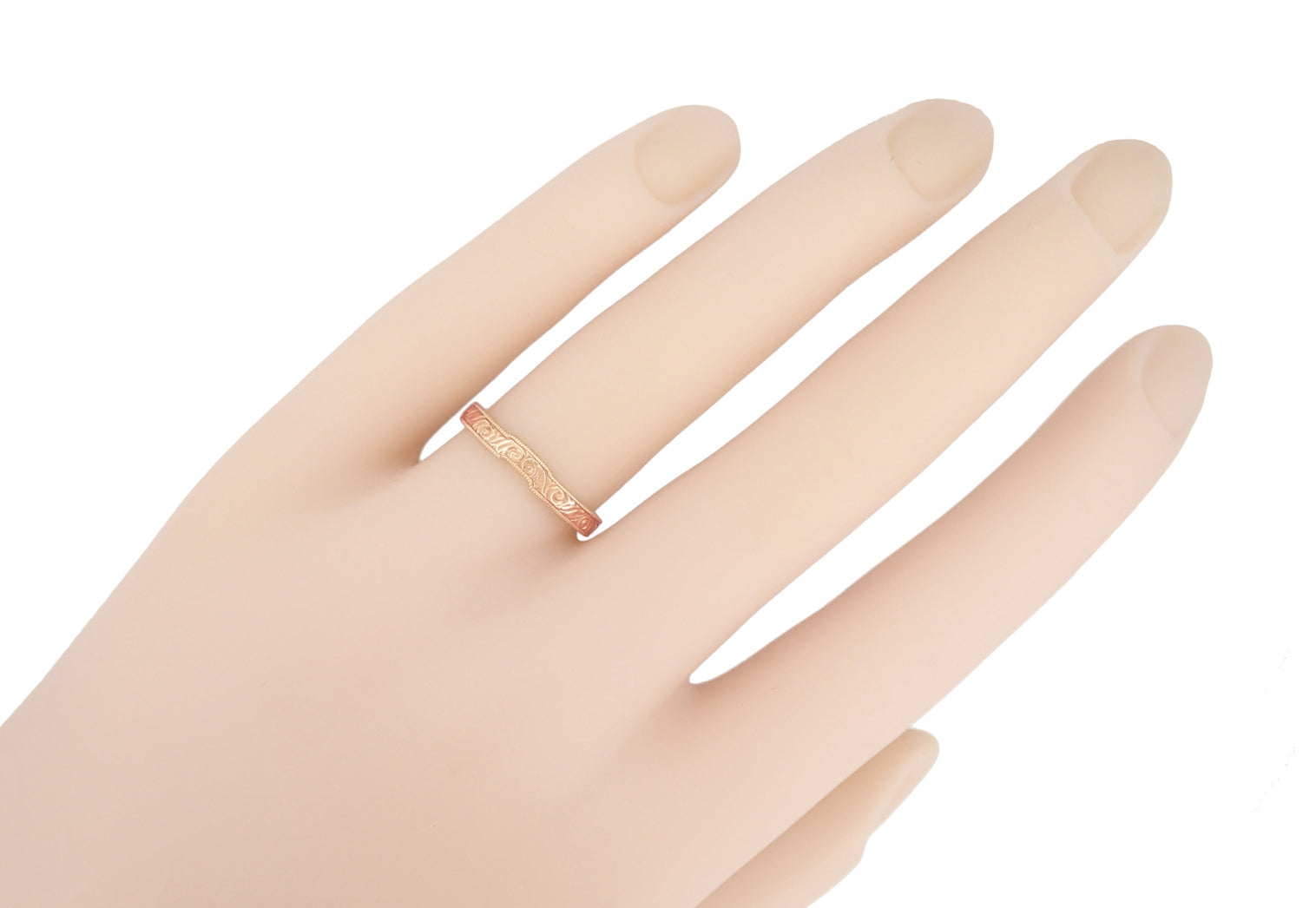 Art Deco Scrolls Coordinating Engraved Wedding Band in 14 Karat Rose ( Pink ) Gold - Item: WR199PRR75 - Image: 4