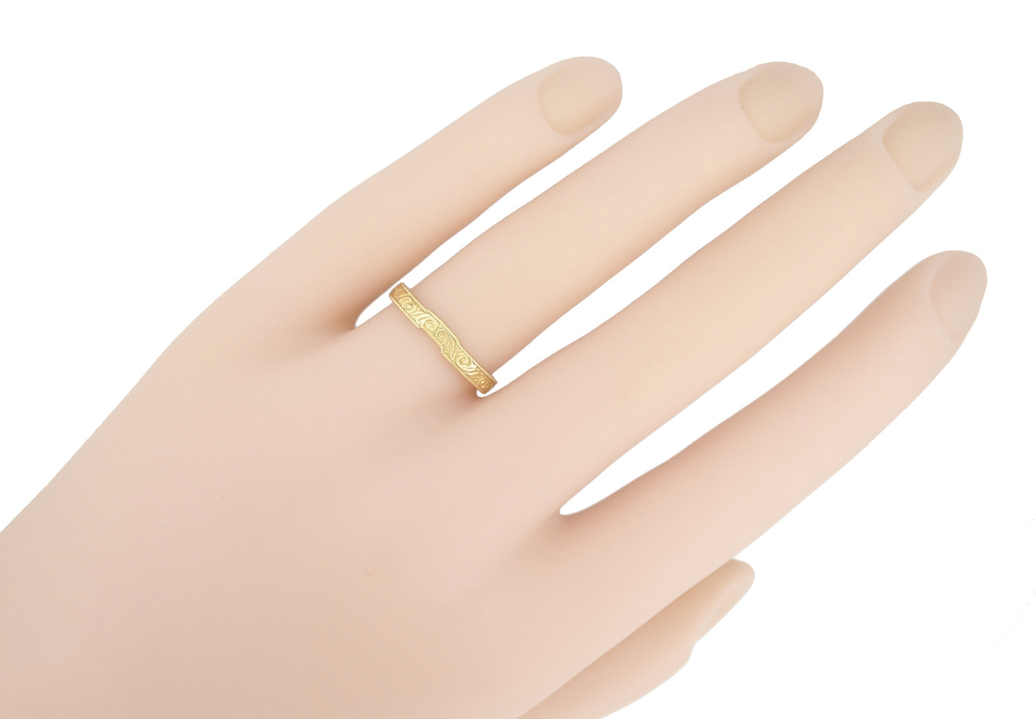 Yellow Gold Art Deco Contoured Engraved Scrolls Wedding Band - Item: WR199PRY14K - Image: 4