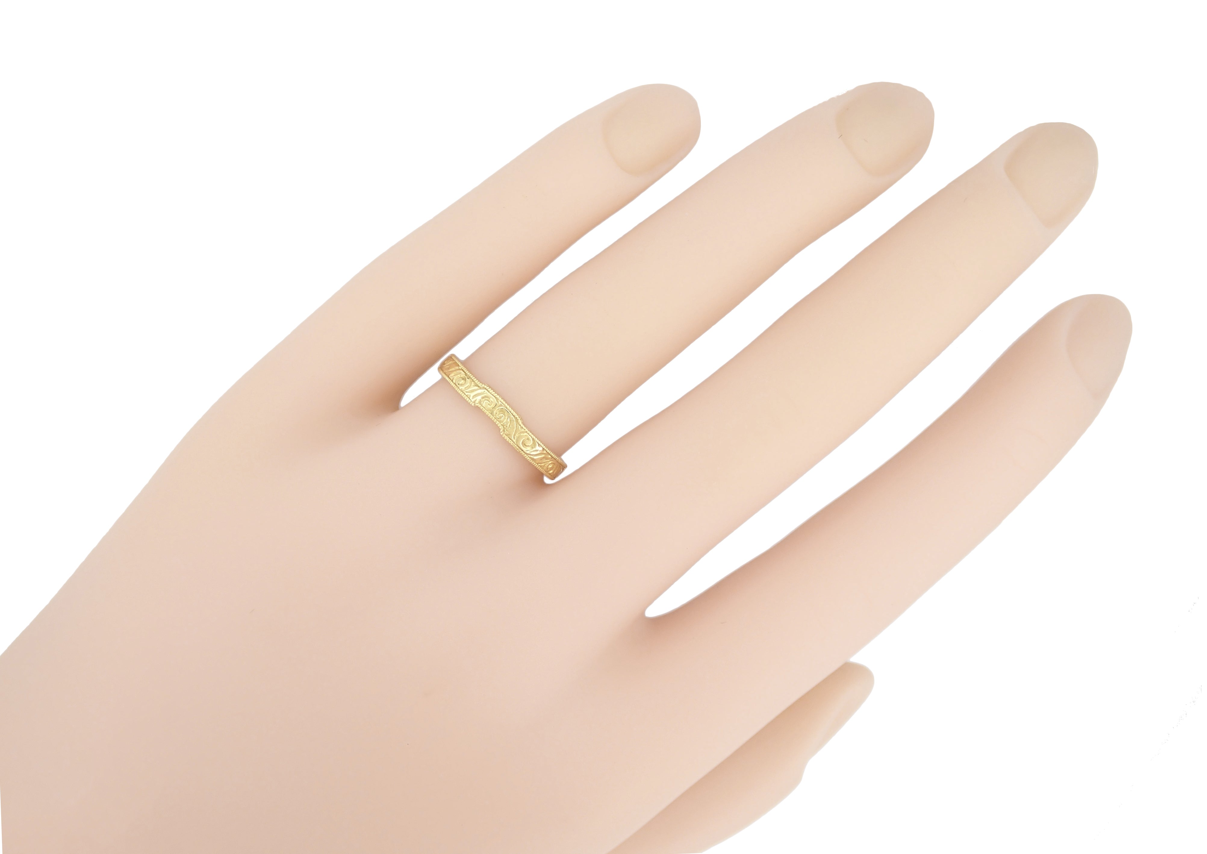Yellow Gold Art Deco Scrolls Contoured Engraved Wedding Band - 14 or 18 Karat - Item: WR199PRY14K75 - Image: 4