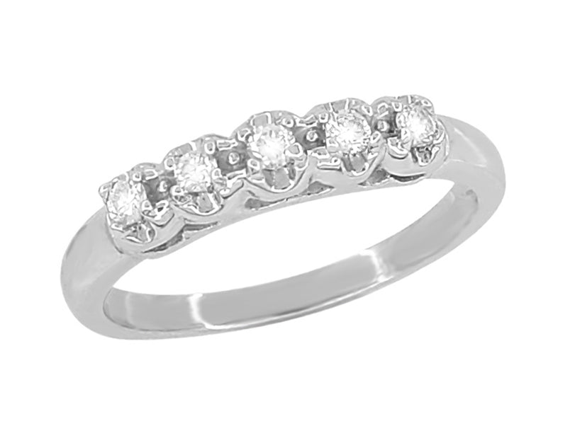 Retro Moderne Filigree Straightline Diamond Wedding Ring in 14 Karat White Gold