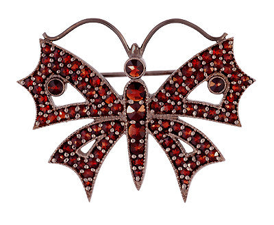 Antique Jewelry Mall Vintage Garnet Victorian Brooch / Pin Style - Victorian Bohemian Garnet Butterfly Brooch in Antiqued Sterling Silver