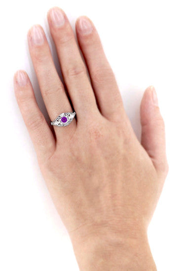 Amethyst and Diamonds Filigree Scroll Dome Edwardian Engagement Ring in 14 Karat White Gold - Item: R139 - Image: 3