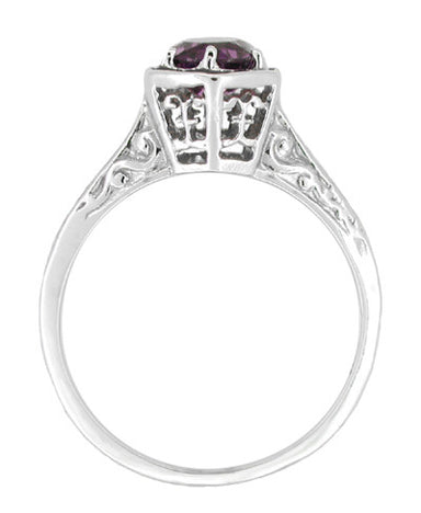Hexagon Art Deco 3/4 Carat Amethyst Engraved Filigree Engagement Ring in 14K White Gold - alternate view