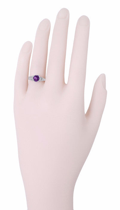 Art Deco Filigree Engraved Amethyst Promise Ring in Sterling Silver - Item: SSR2 - Image: 3