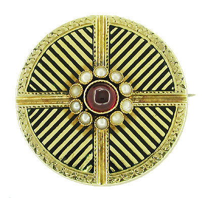 Victorian Garnet and Seed Pearl Circle Antique Brooch in 14 Karat Gold