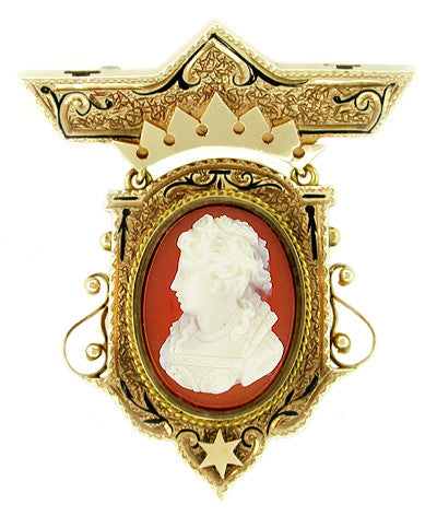 Antique Victorian Etruscan Revival Hardstone Cameo Brooch in 9 Karat Yellow Gold