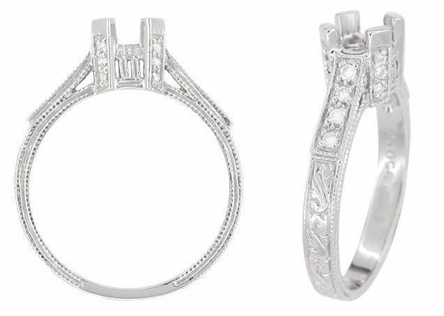 Art Deco 1/2 Carat Diamond Filigree Castle Engagement Ring Mounting in 18 Karat White Gold - Item: R396 - Image: 2