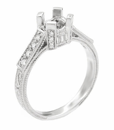 Art Deco 1/2 Carat Diamond Filigree Castle Engagement Ring Mounting in 18 Karat White Gold