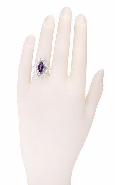 Art Deco Amethyst Filigree Cocktail Ring in 14 Karat White Gold - Item: R185 - Image: 3