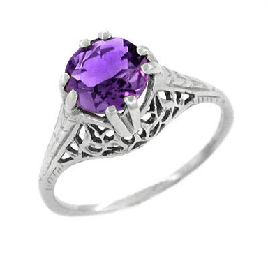Art Deco Filigree Trellis Solitaire Vintage Amethyst Engagement Ring in White Gold - R170