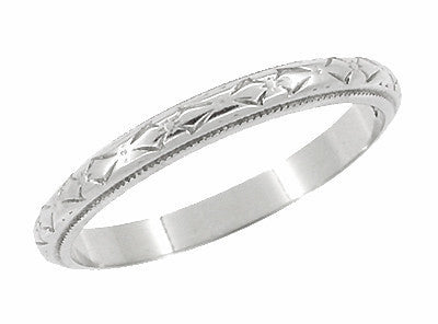 Art Deco Bows Carved Vintage Wedding Ring in 18K White Gold