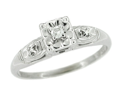 Petite Retro Moderne Lucky Clover Diamond Antique Engagement Ring in 14K White Gold
