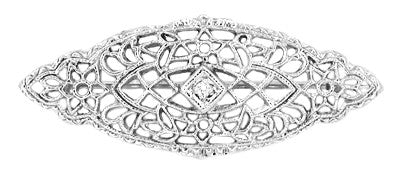 Vintage Art Deco Diamond Floral Filigree Lozenge Brooch in 14 Karat White Gold