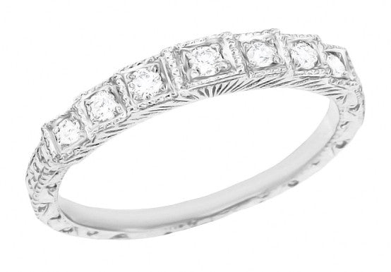 Art Deco Engraved Vintage Tiered Diamond Wedding Band in White