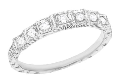 Art Deco Engraved Antique Wedding Cake Tiered Diamond Wedding Band in White Gold - 14K and 18K