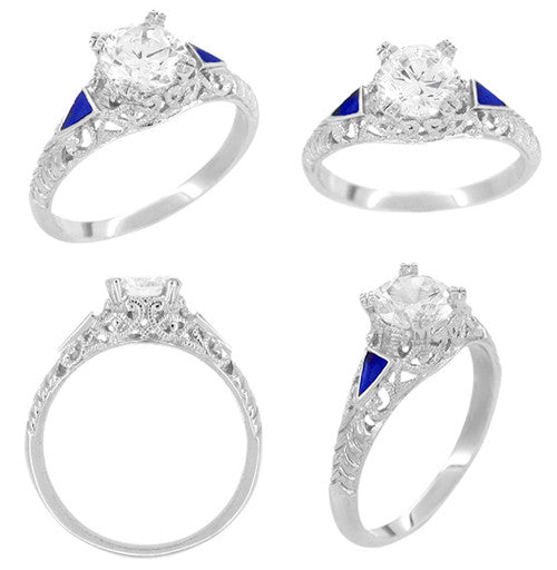 Art Deco 3/4 - 1 Carat Filigree Engagement Ring Setting in 14 Karat White Gold with Blue Sapphire Side Stones - Item: R237 - Image: 3