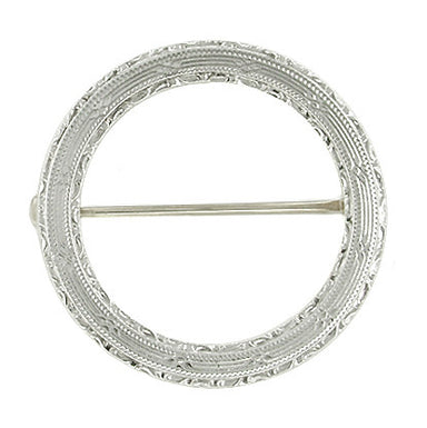 Vintage Art Deco Engraved Circle Brooch in 14 Karat White Gold