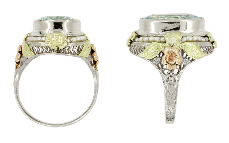 Art Deco Filigree Aquamarine Estate Ring Framed with Seed Pearls in 14 Karat Tricolor Gold - Item: R131 - Image: 2