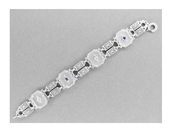 Art Deco Filigree Sun Ray Crystal Bracelet with Sapphires and Zircon in Sterling Silver - Item: SSBR5 - Image: 2