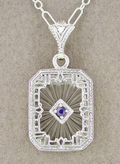 Art Deco Filigree Sapphire and Diamond Set Crystal Pendant Necklace in Sterling Silver