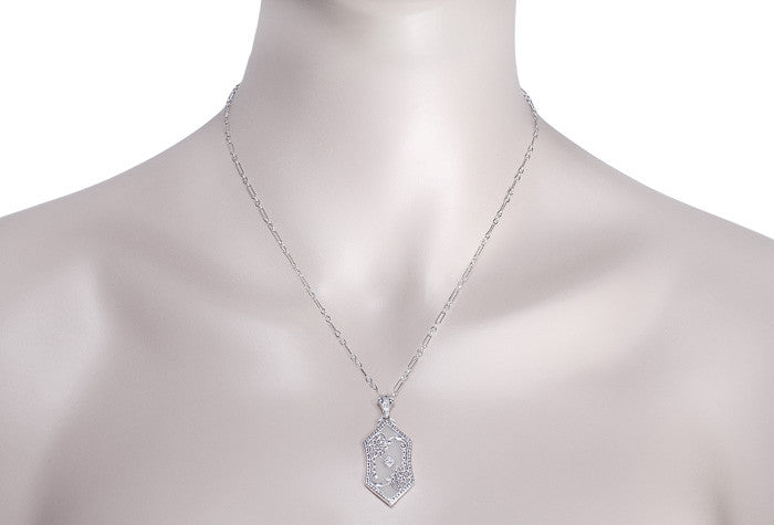 Art Deco Floral Filigree Camphor Crystal and Diamond Pendant Necklace in Sterling Silver - Item: N122 - Image: 3