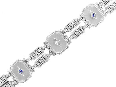 Art Deco Filigree Sun Ray Crystal Bracelet with Sapphires and Zircon in Sterling Silver
