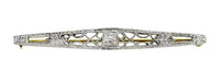 Art Deco Filigree Diamond Set Bar Brooch in 10 Karat White and Yellow Gold