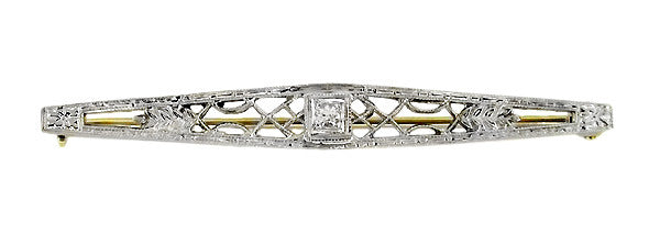 Art Deco Filigree Diamond Set Bar Brooch in 10 Karat White and Yellow Gold