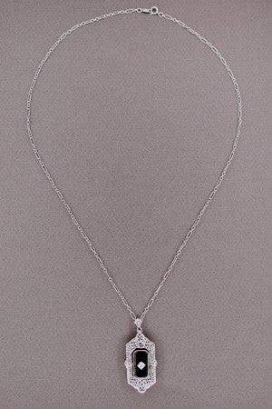 Art Deco Filigree Cameo Onyx & Diamond Flip Pendant - 14 Karat White Gold - Item: N106 - Image: 2
