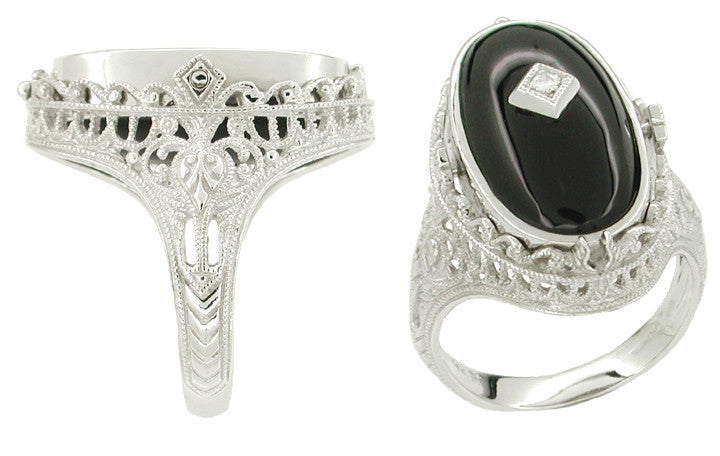 Edwardian Filigree Cameo Flip Ring with Carnelian Shell Cameo, Diamond and Black Onyx in 14 Karat White Gold - Item: R229 - Image: 2