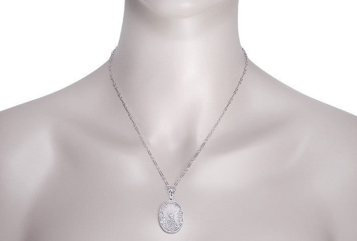 Art Deco Filigree Oval Sunray Crystal and Diamond Pendant Necklace in Sterling Silver - Item: N120 - Image: 3