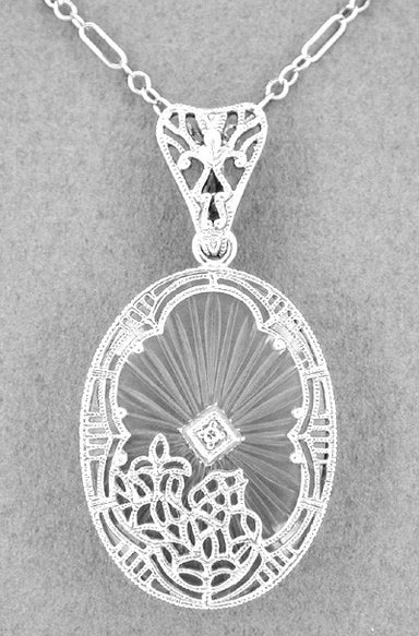 Art Deco Filigree Oval Sunray Crystal and Diamond Pendant Necklace in Sterling Silver