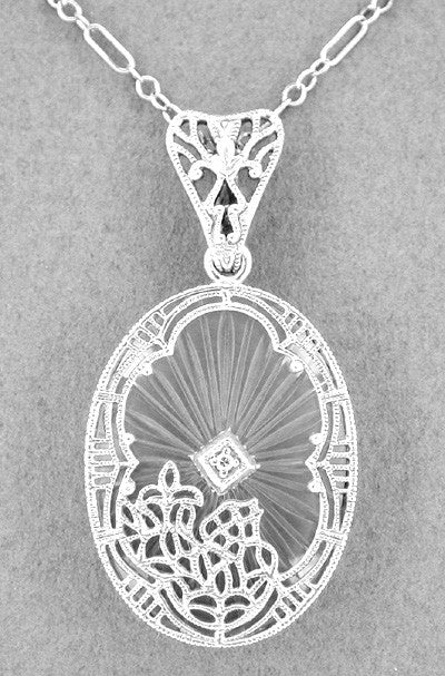 Art Deco Filigree Oval Sunray Crystal and Diamond Pendant Necklace in Sterling Silver