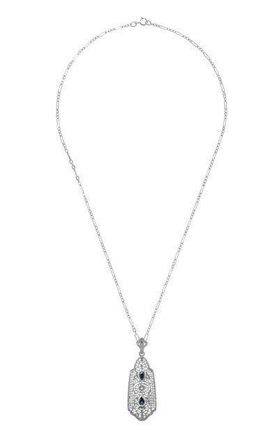 Art Deco Filigree Sapphire and Diamond Pendant Necklace in Sterling Silver - Item: N116 - Image: 3