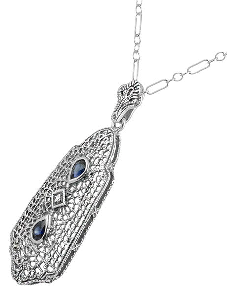 Art Deco Filigree Sapphire and Diamond Pendant Necklace in Sterling Silver - Item: N116 - Image: 2
