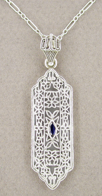 Art Deco Filigree Sapphire Set Pendant Necklace in Sterling Silver