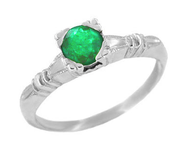 Art Deco Hearts & Clovers Simple Antique Solitaire Emerald Engagement Ring in White Gold - R163