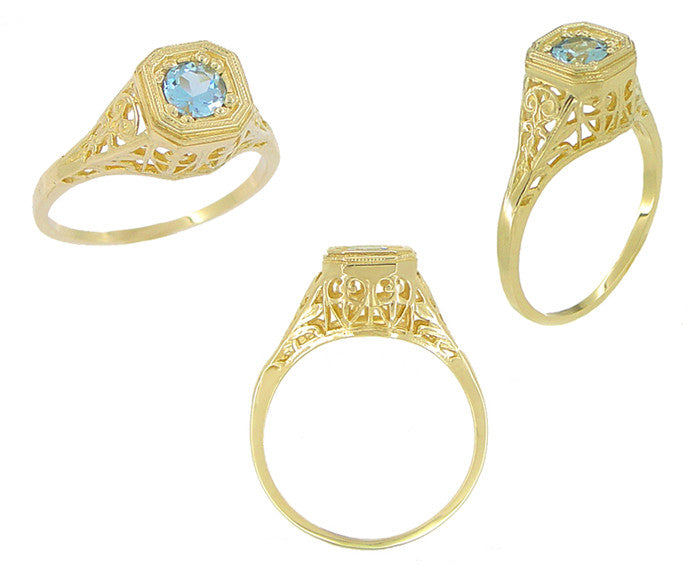 Art Deco Majesty Aquamarine Filigree Ring in 14 Karat Yellow Gold - Item: R172 - Image: 2