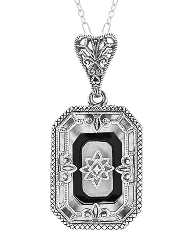 Art Deco Rectangular Onyx, Camphor Crystal and Diamond Filigree Necklace Pendant in Sterling Silver