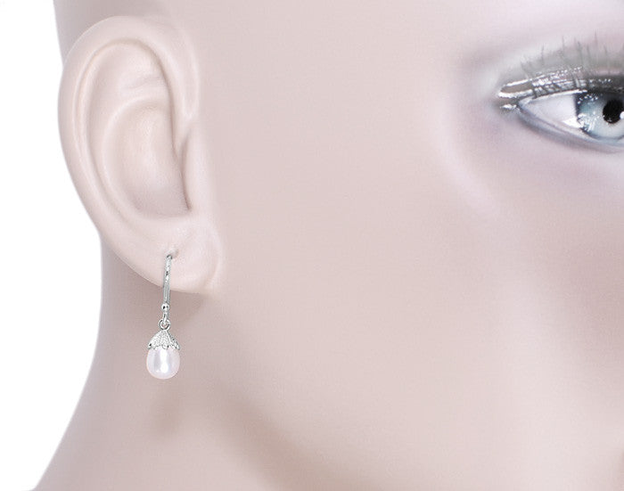 Art Deco Pearl Drop Earrings in 14 Karat White Gold - Item: E135 - Image: 3