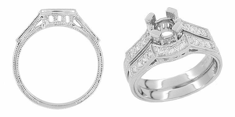 Art Deco Platinum Filigree Carved Coordinating Diamond Wedding Ring - Item: WR240 - Image: 2