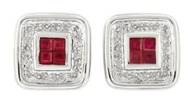 Art Deco Square Ruby and Diamond Earrings in 14 Karat White Gold