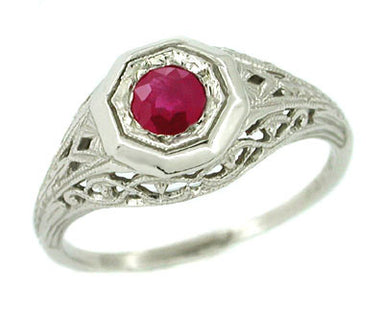 Dionne Art Deco Filigree Antique Ruby Ring in 14 Karat White Gold