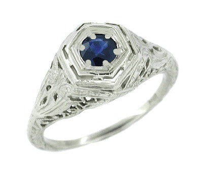 Art Deco Estate Sapphire Ring in 14 Karat White Gold - Filigree Design